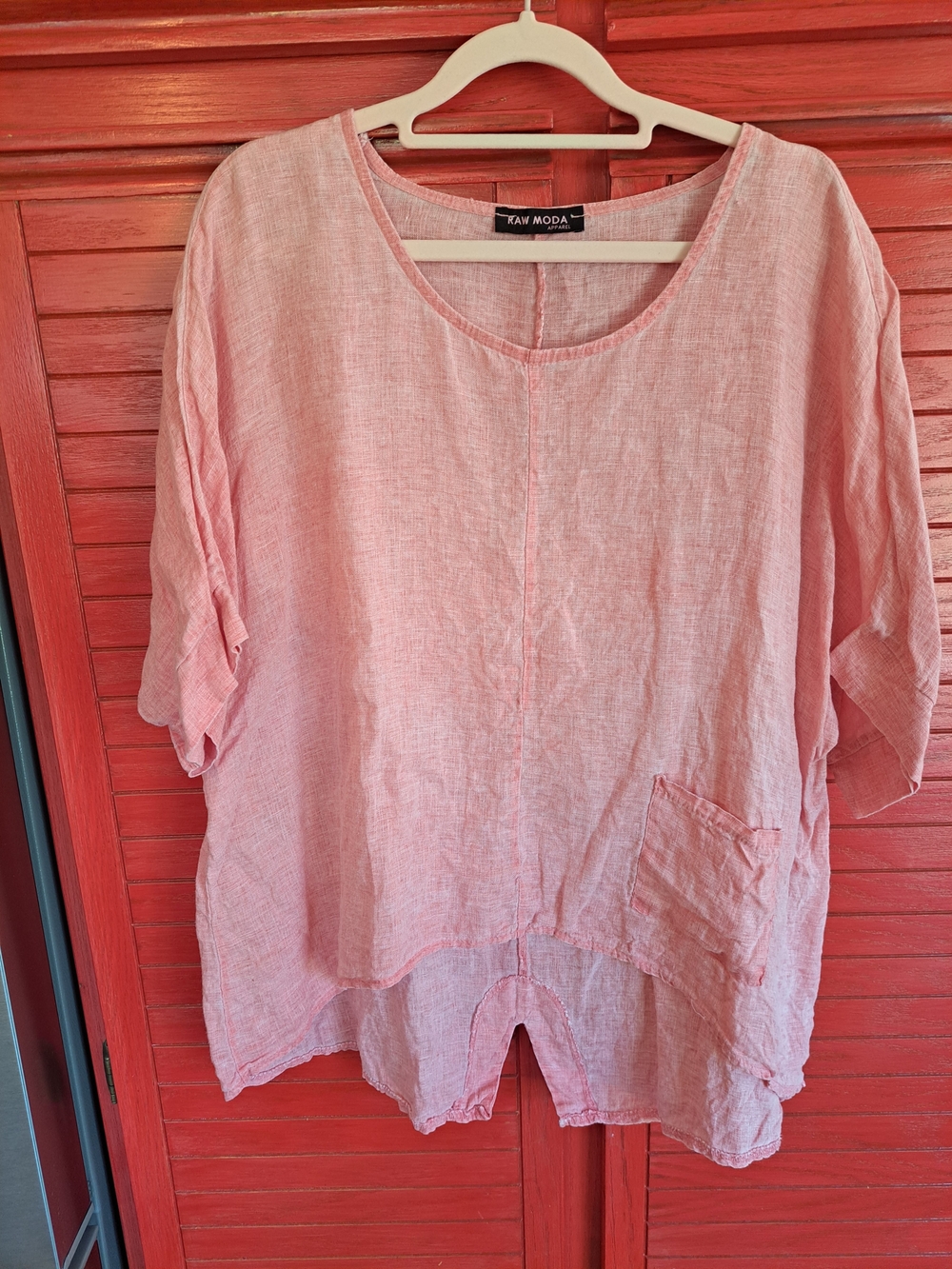 Raw Moda Pink/red Color Wash Linen Blend Lagenlook Top Large